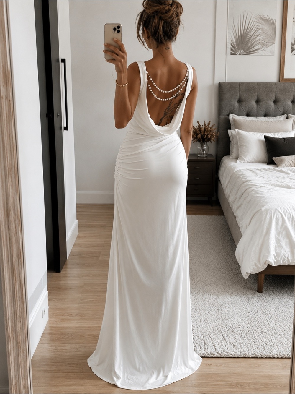 Thirty Thirty LA Pearl Back Drape Ruched Maxi Evening Gown White Size L